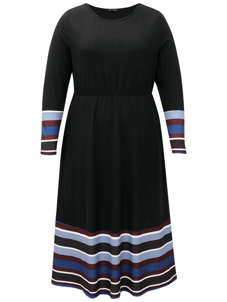 Striped Patchwork Contrast Crew Neck Dress