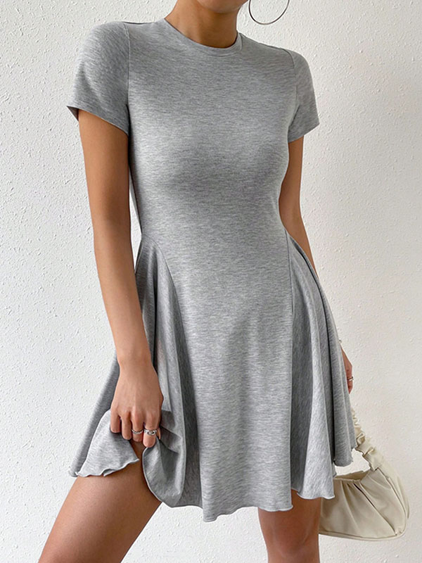 A-Line High Waisted Pleated Solid Color Round-Neck Mini Dresses