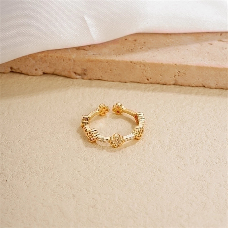 Copper Gold Plated IG Style Minimalist Plating Inlay Heart Shape Flower Zircon Open Rings