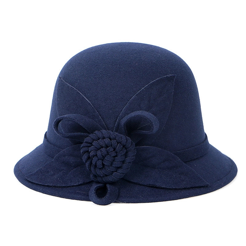 Autumn And Winter Woolen Top Hat Women's Dome Top Hat Solid Color Woolen Hat  Fashion Flower Lady Temperament Basin Hat