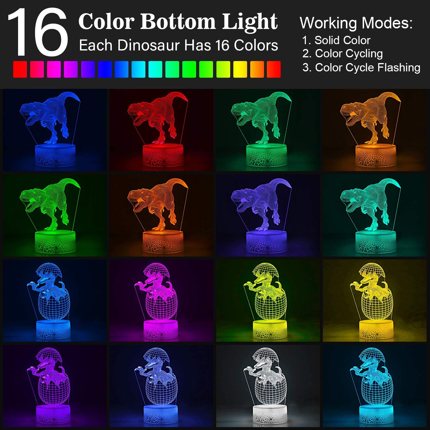 3D Dinosaur Night Light. 3D Illusion Lamp Nightlight 4-Pattern and 16-Colors with Remote Control. Best Birthday Christmas Toy Gifts for Boys Girls