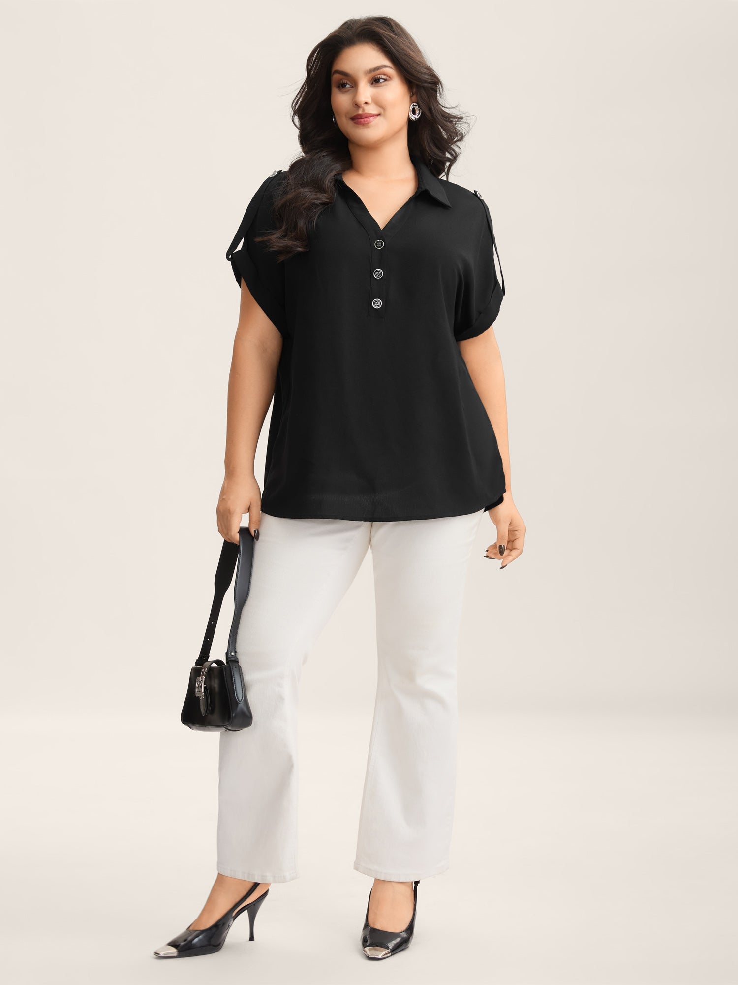 Button Placket Tab Sleeve Blouse