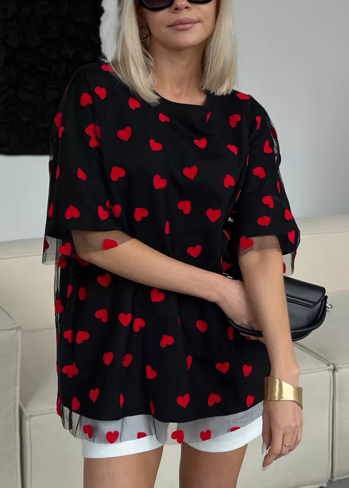 Black Love Tulle Patchwork T Shirt O Neck Summer