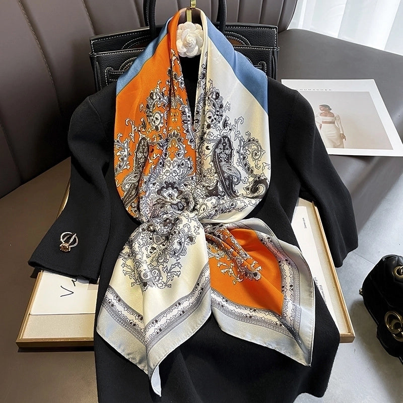 Fashion Light Luxury 90cm Simulation Silk Scarf Simple Striped Large Square Scarf