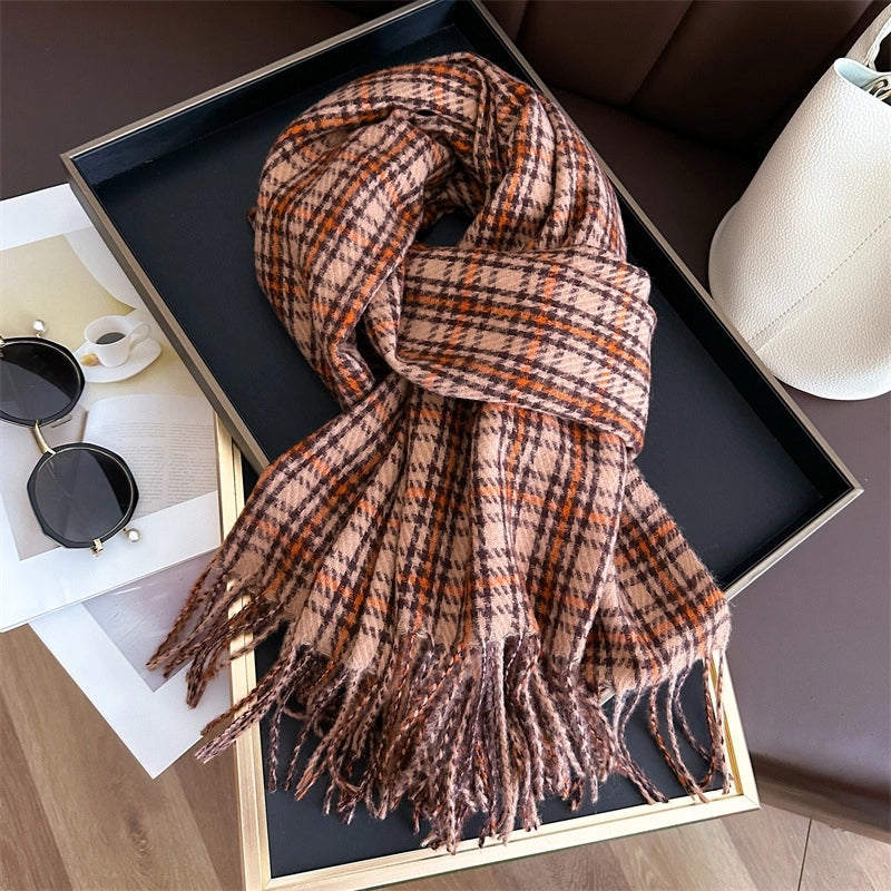 Retro Cashmere-like Plaid Warm Shawl Scarf Unisex Autumn And Winter Fashion All-Matching Tassel Scarf
