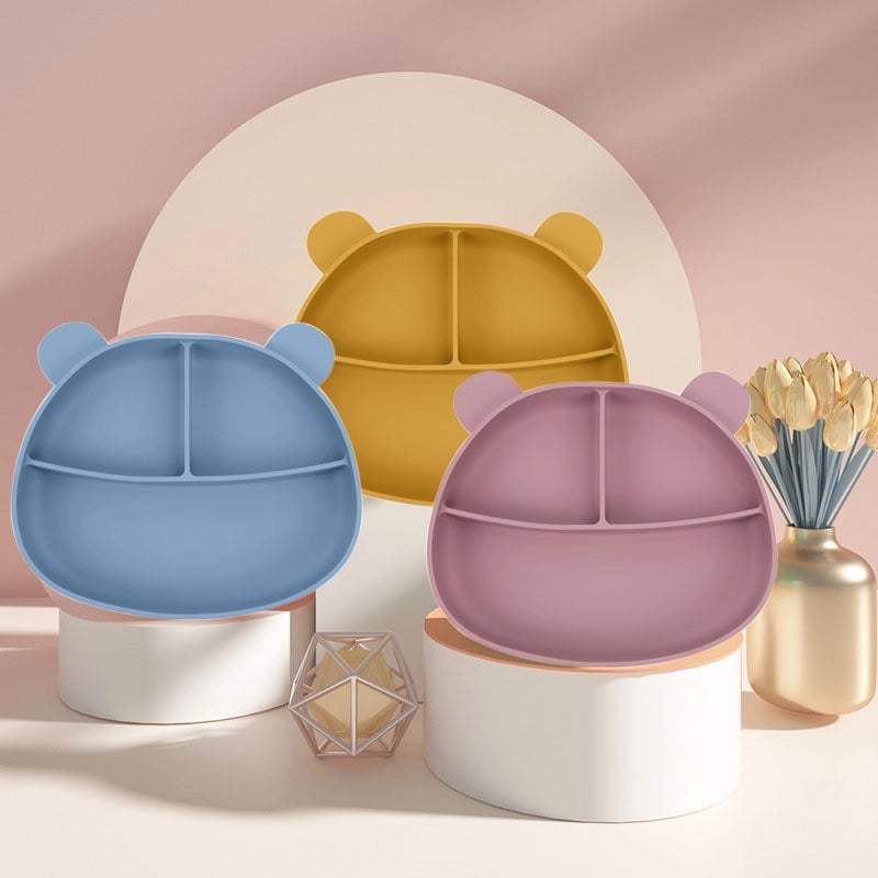 Bear Tableware Baby Silicone Plate Sub-format Training Learning Rice Bowl With Suction Cup Drop-resistant Complementary Food Plate