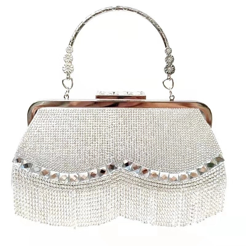 Black Gold Silver Pu Leather Solid Color Rhinestone Square Tassel Evening Bags