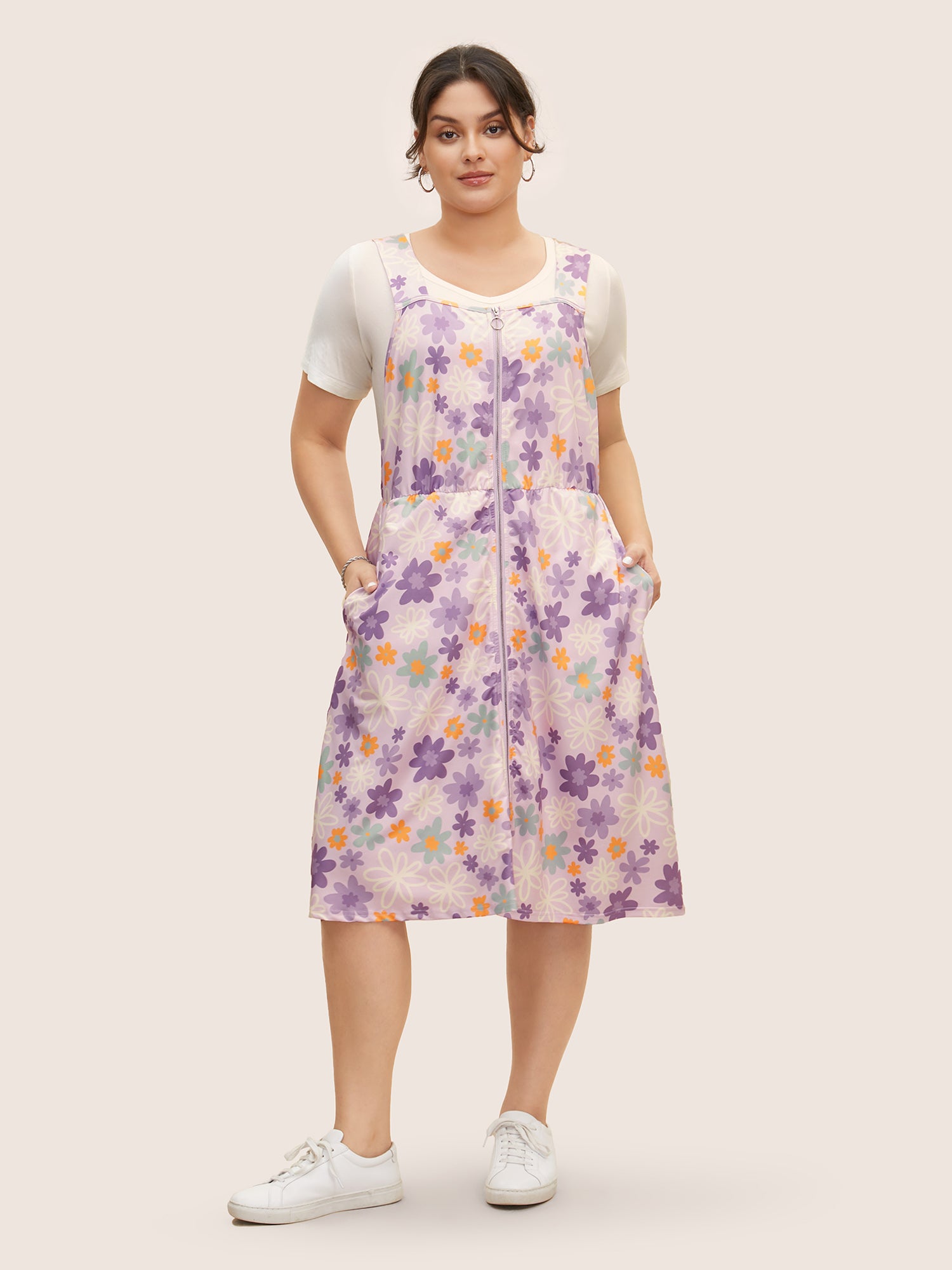 Contrast Floral Zipper Sleeveless Midi Dress