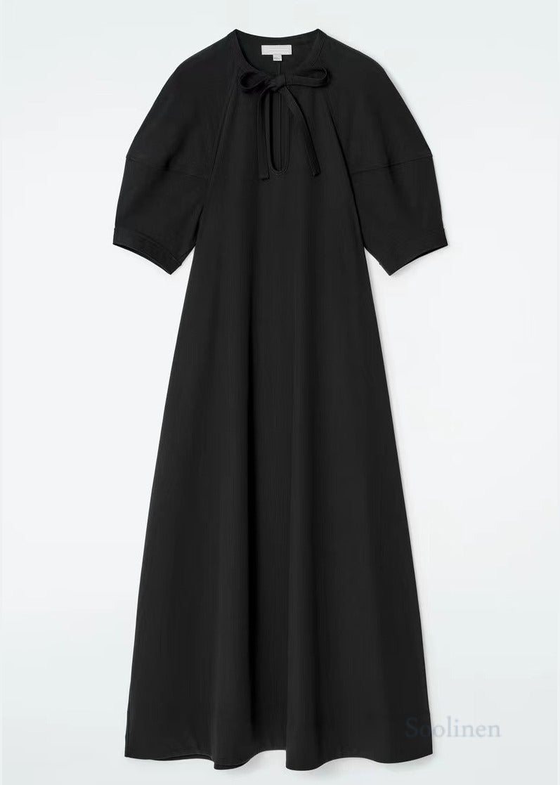 Boho Black Puff Sleeve Tie Waist Cotton Party Dress
