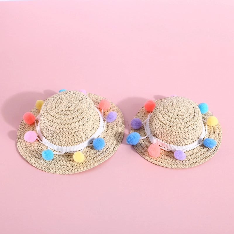 Pet Woven Adjustable Pearl Flower Lace Bow Daisy Ball Cat Dog Straw Hat
