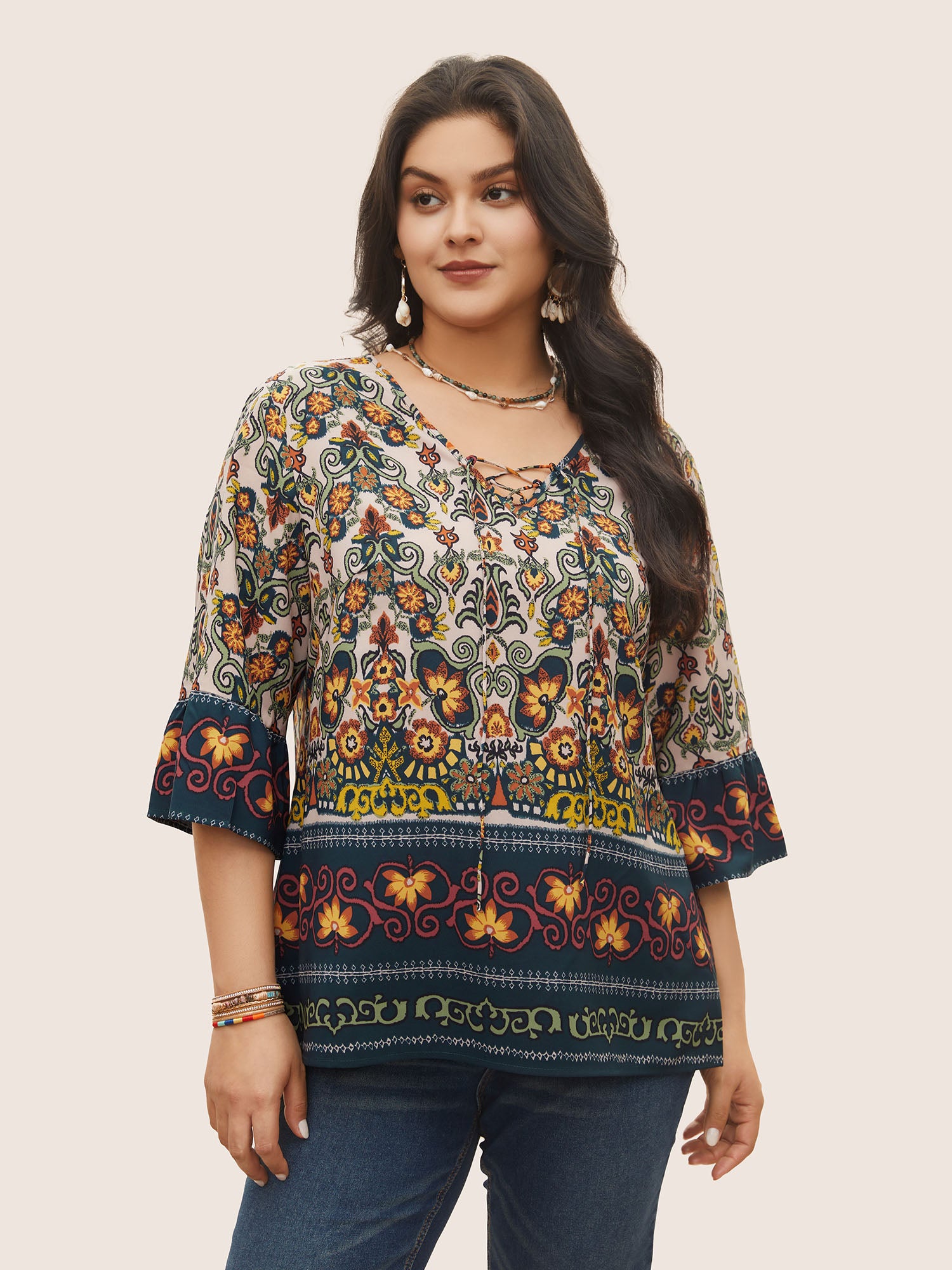 Boho Print Lace Up Bell Sleeve Blouse