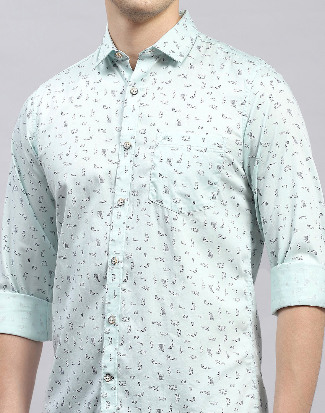 Men Sea Green Printed Collar Full Sleeve Shirt