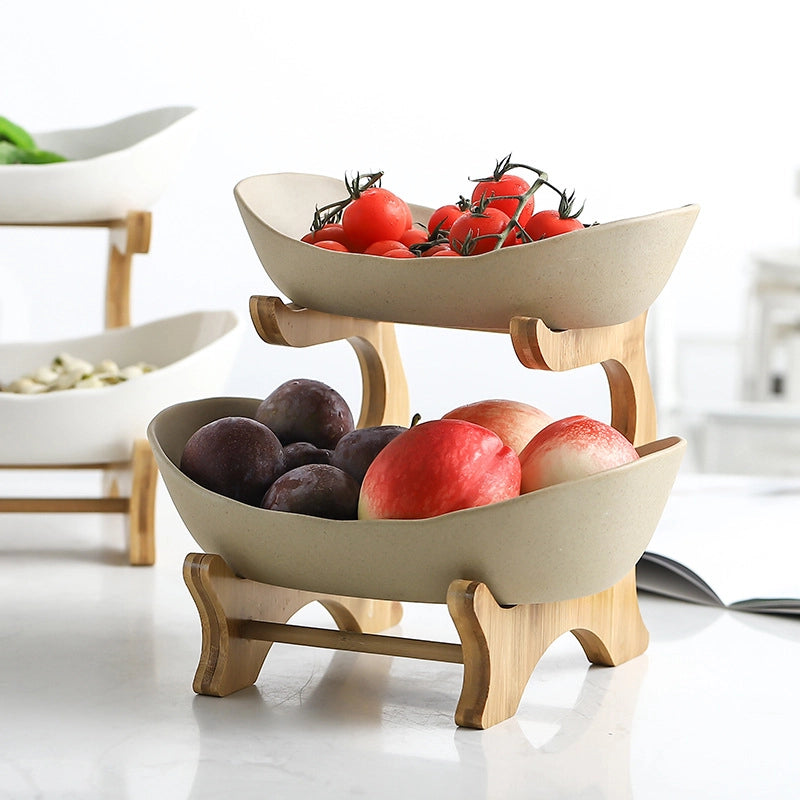 Creative Double-layer Multi-layer Fruit Plate European-style Ceramic Dried Fruit Plate Bamboo Rack Household Sushi Plate Direct Fruit Basket