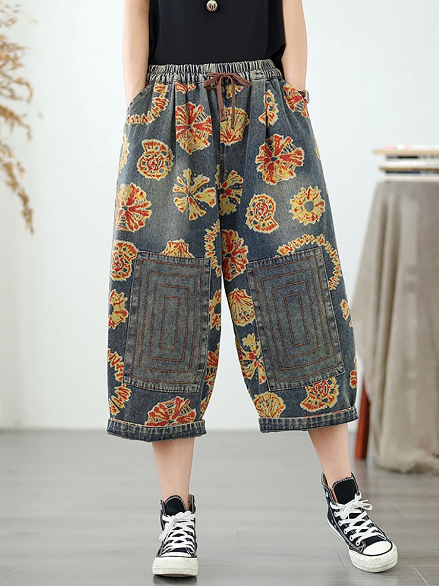 Women Retro Flower Denim Straight Capri Pants