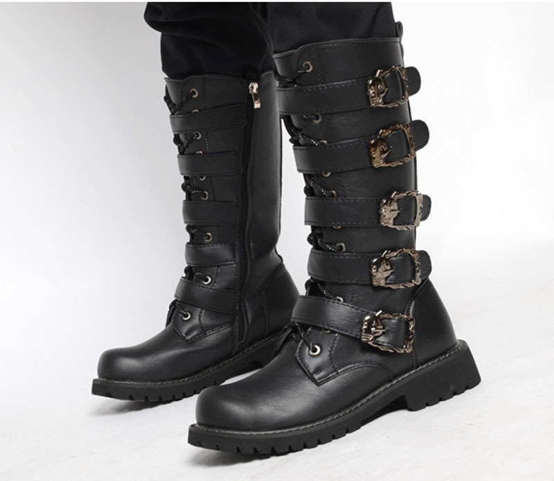 Cricsball mules Men's PU Leather Motorcycle Boots High Over the Knee  Boots Gothic Belt Punk Boots Men Shoes Boot