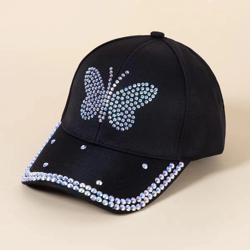 Women's Basic Minimalist Butterfly Rhinestone Curved Eaves Baseball Cap