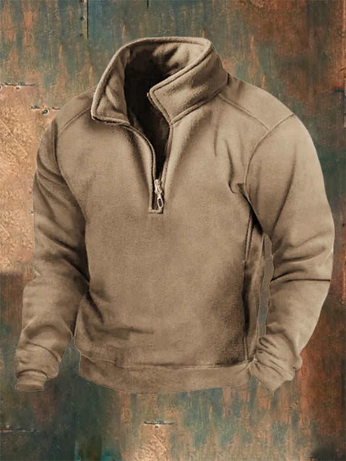 Western Style Stand Collar Zipper Solid Color Men's Sweatshirt