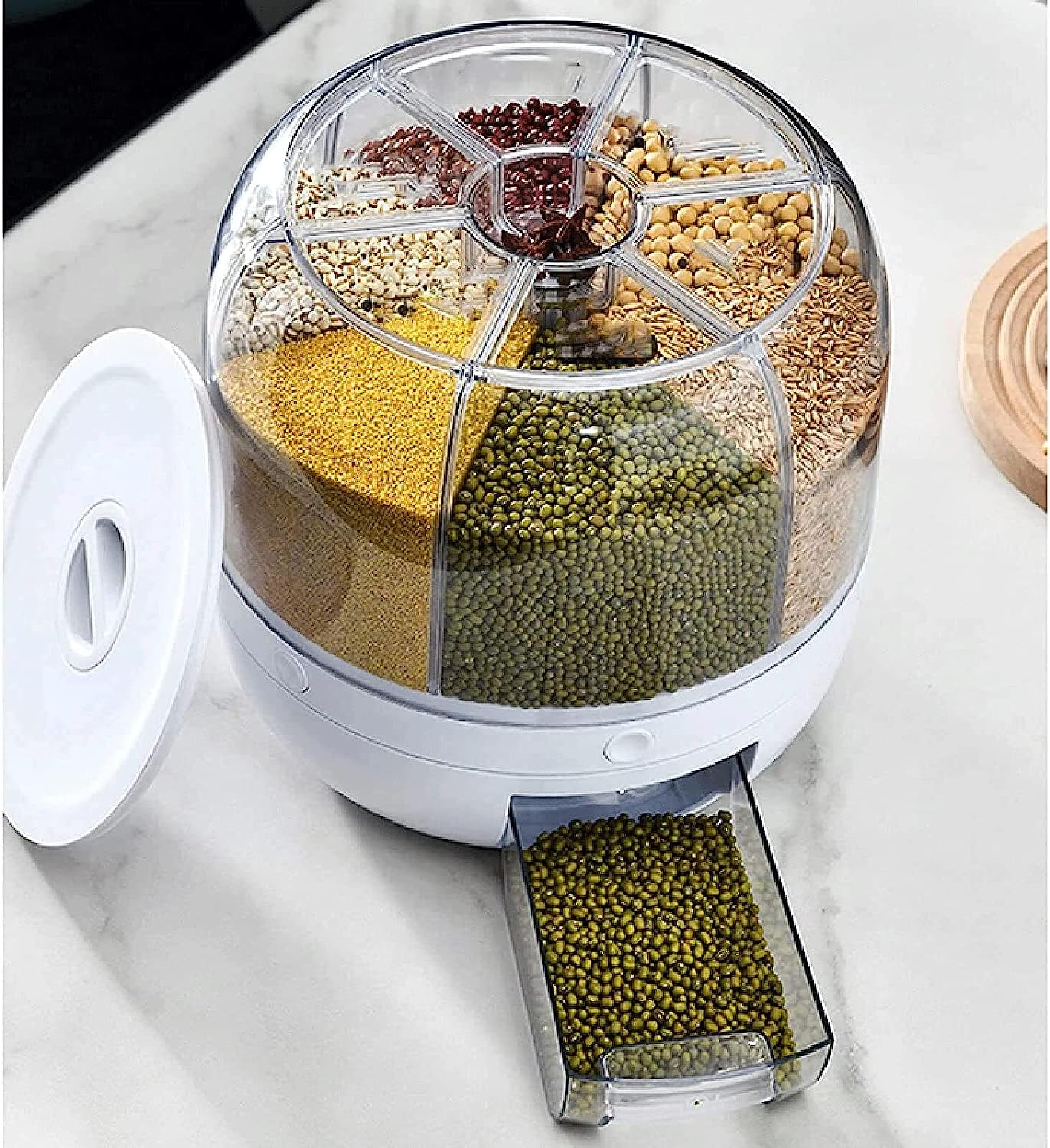 Cereal Rice Bucket Dispenser 6 Grid 360° Rotating Waterproof And Moisture-Proof Rice Storage Box For Kitchen. White