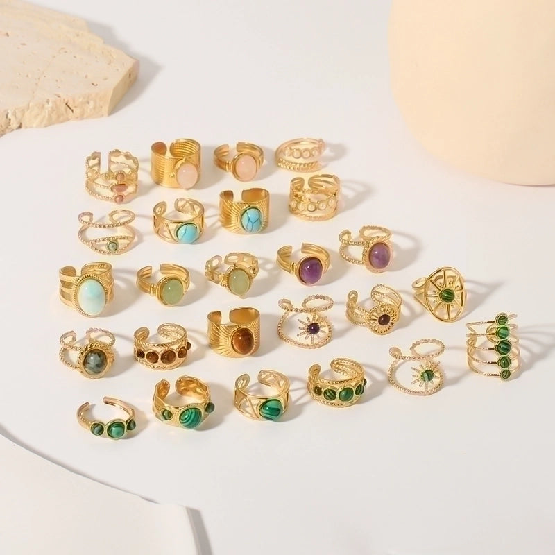 Stainless Steel 18K Gold Plated Basic Vintage Style Plating Inlay Round Natural Stone Open Rings