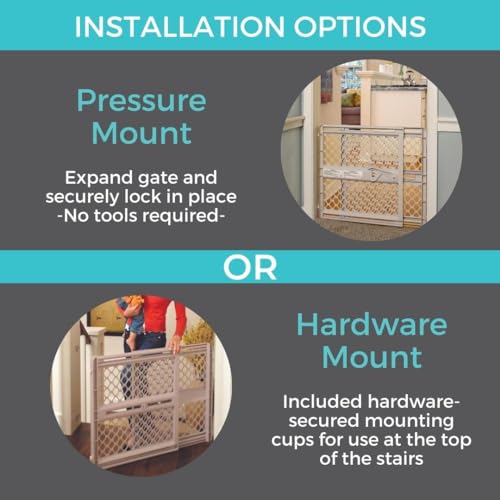 Toddleroo by North States Supergate Ergo Child Gate. Baby Gate for Stairs and Doorways. Includes Wall Cups. Pressure or Hardware Mount. Made in USA. (26 Tall. Sand)