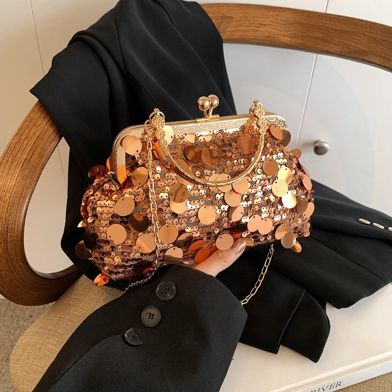 Women's Sequin Solid Color Elegant Streetwear Shell Lock Clasp Shoulder Bag Crossbody Bag