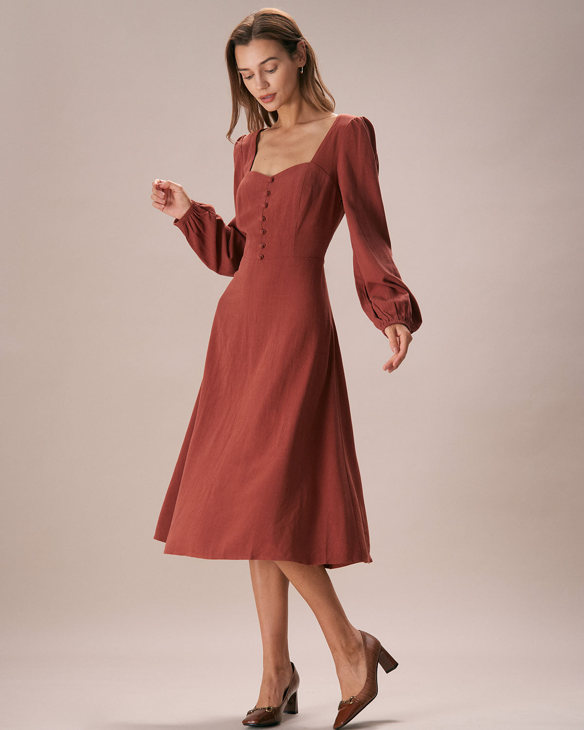 The Caramel Sweetheart Neck Midi Dress