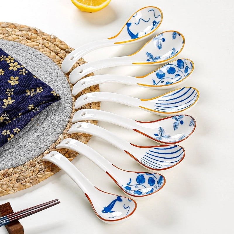 Small Soup Spoon Creative Blue And White Ceramic Spoon Household Thickened Curved Handle Anti-scalding Food Soup Spoon