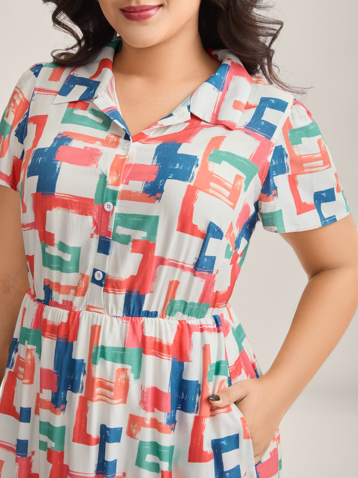 Color Puzzle Rayon Collar Midi Dress