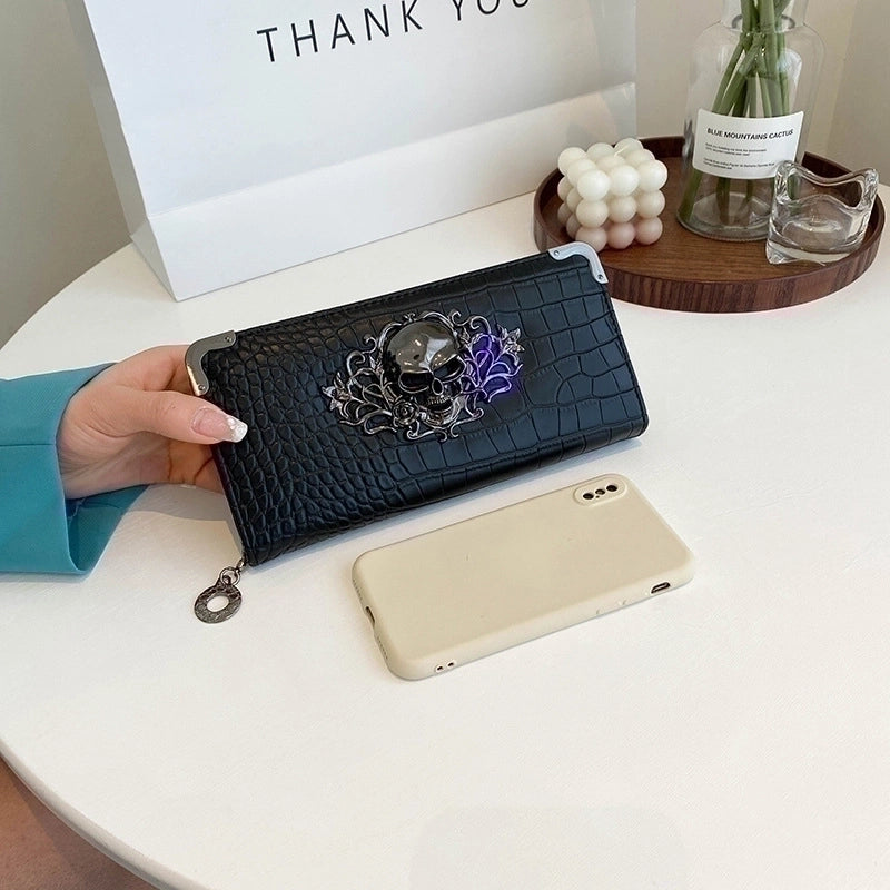 Women'S Solid Color Skull Pu Leather Zipper Wallets
