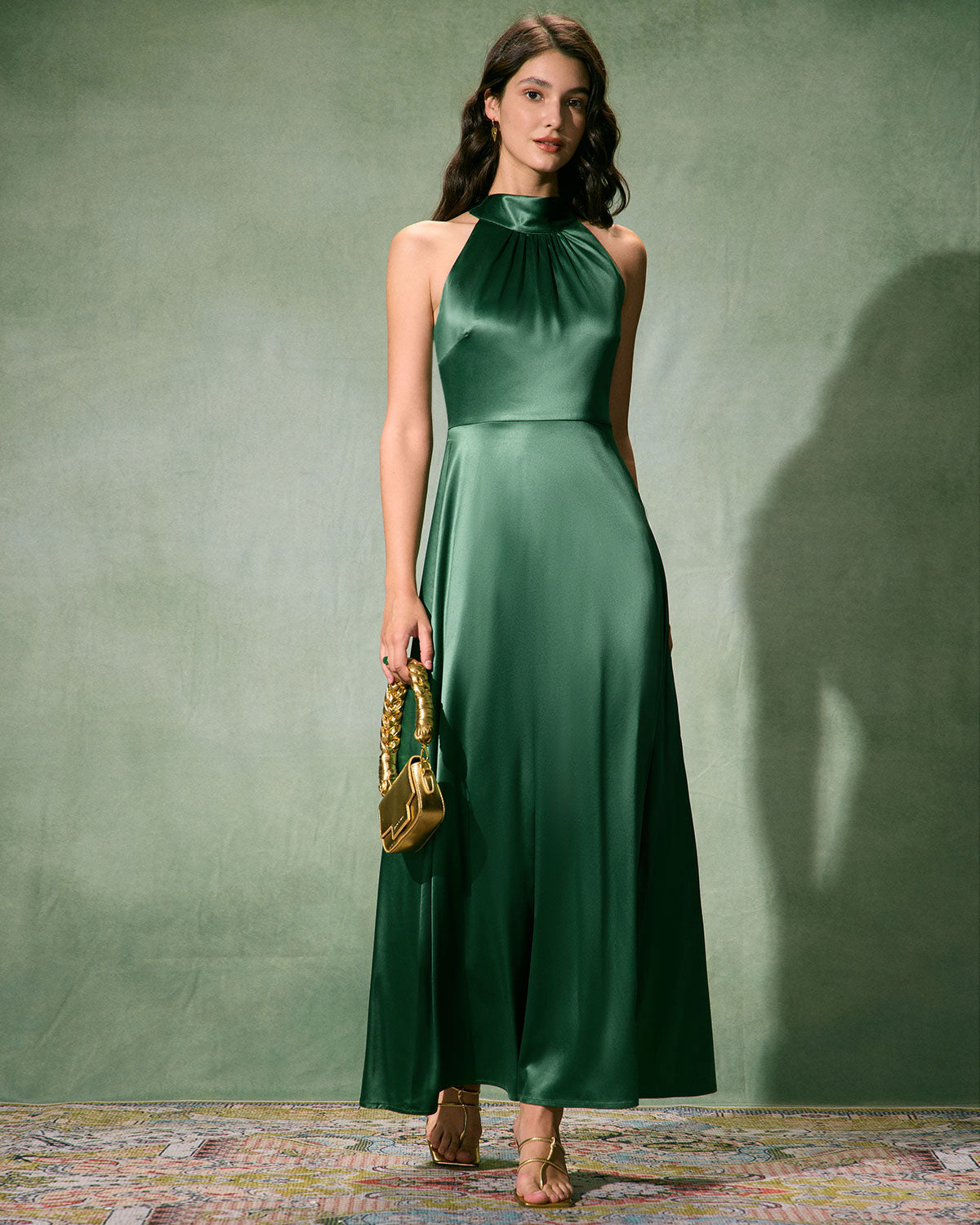 The Green Ruched Satin Maxi Dress