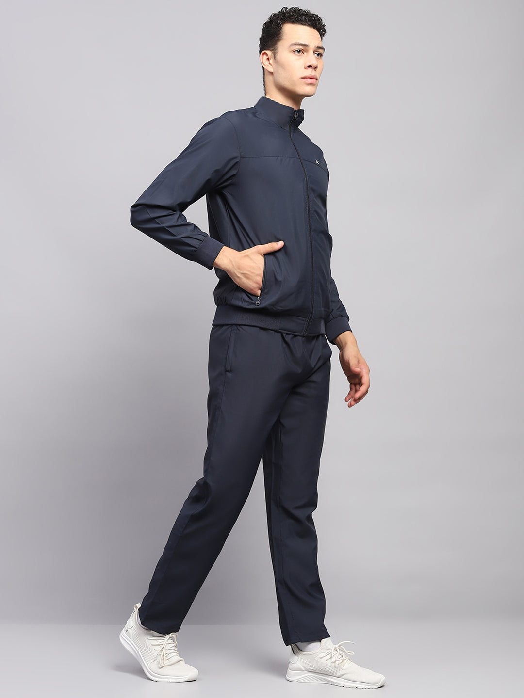 Men Blue Solid High Neck Full Sleeve Tracksuit