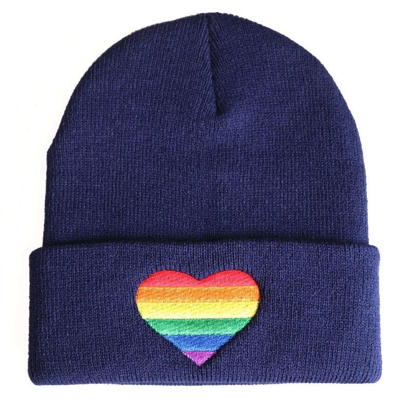 Unisex Minimalist Rainbow Heart Shape Embroidery Crimping Wool Cap