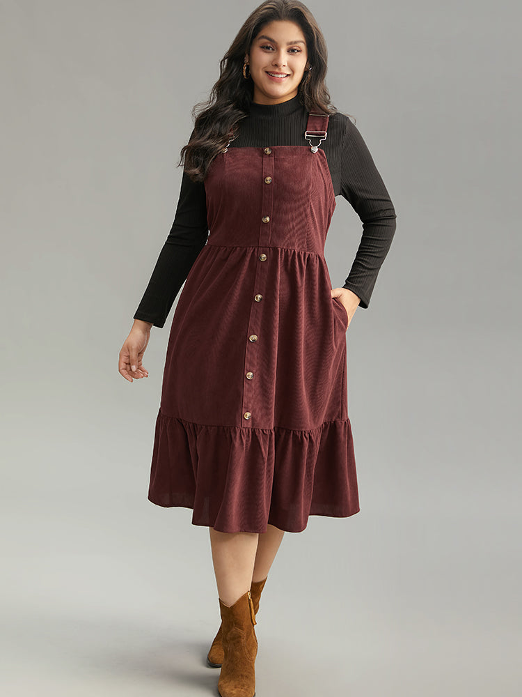 Corduroy Button Detail Ruffles Adjustable Straps Dress