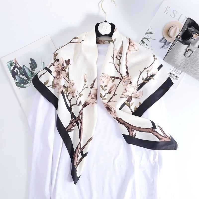 Women's Basic Minimalist Color Block Flower Satin Silk Scarf