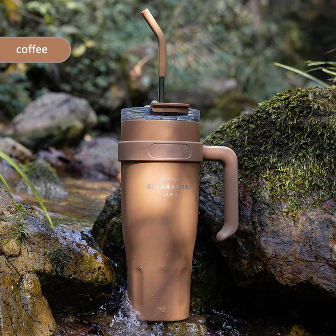 Stainless Steel Car Cup with Handle & Straw