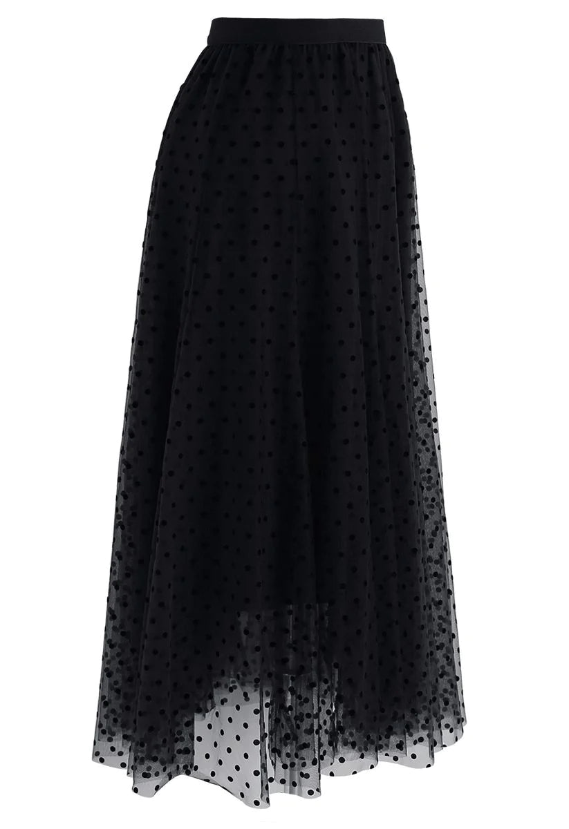 POLKA DOTS DOUBLE-LAYERED MESH SKIRT