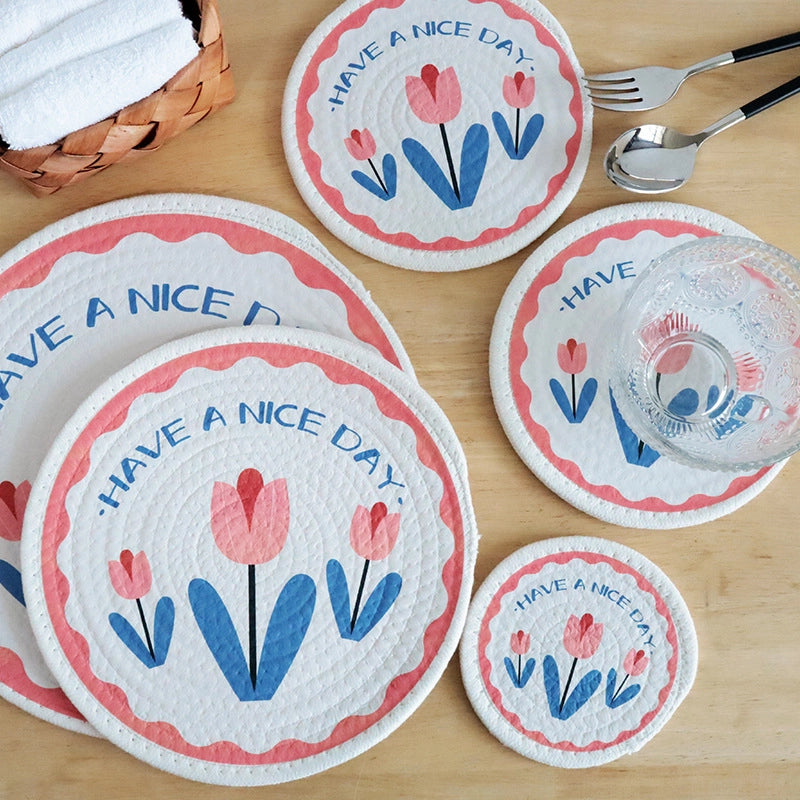 Sweet Place Mat Tulip Printed Cotton Rope Woven Table Top Mat Heat Insulation Mat Coaster