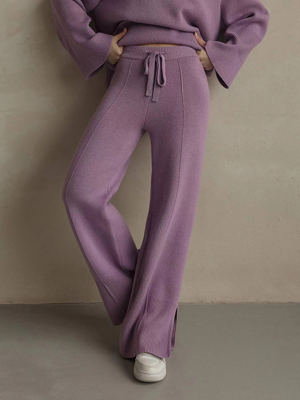 Casual Long Sleeves Loose Solid Color Round-Neck Sweater Tops & Wide Leg Pants Two Pieces Set