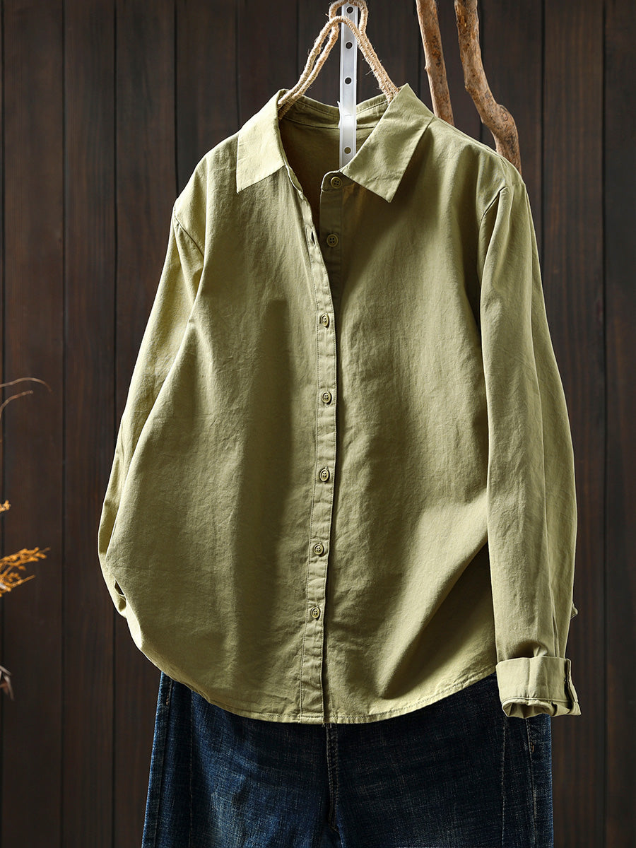 Women Summer Pure Color Turn-down Collar 100%Cotton Shirt
