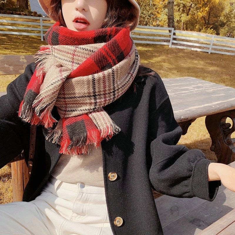 Dongdaemun New Plaid Scarf Autumn And Winter Good Wear Warm Cashmere Double-Sided Shawl College Style Women's Shawl Women