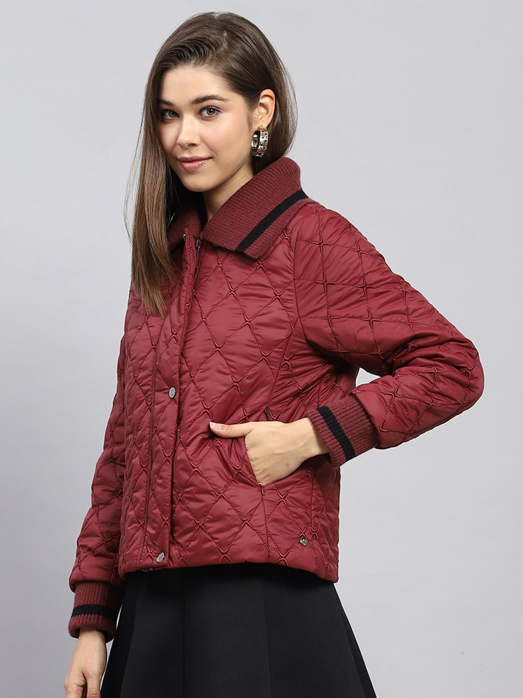 Women Maroon Embroidered Collar Full Sleeve Jacket