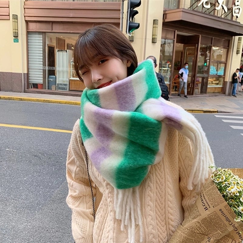Brown Striped Scarf Women's Autumn And Winter  Trendy Winter Warm Imitation Cashmere Windproof Scarf For Students