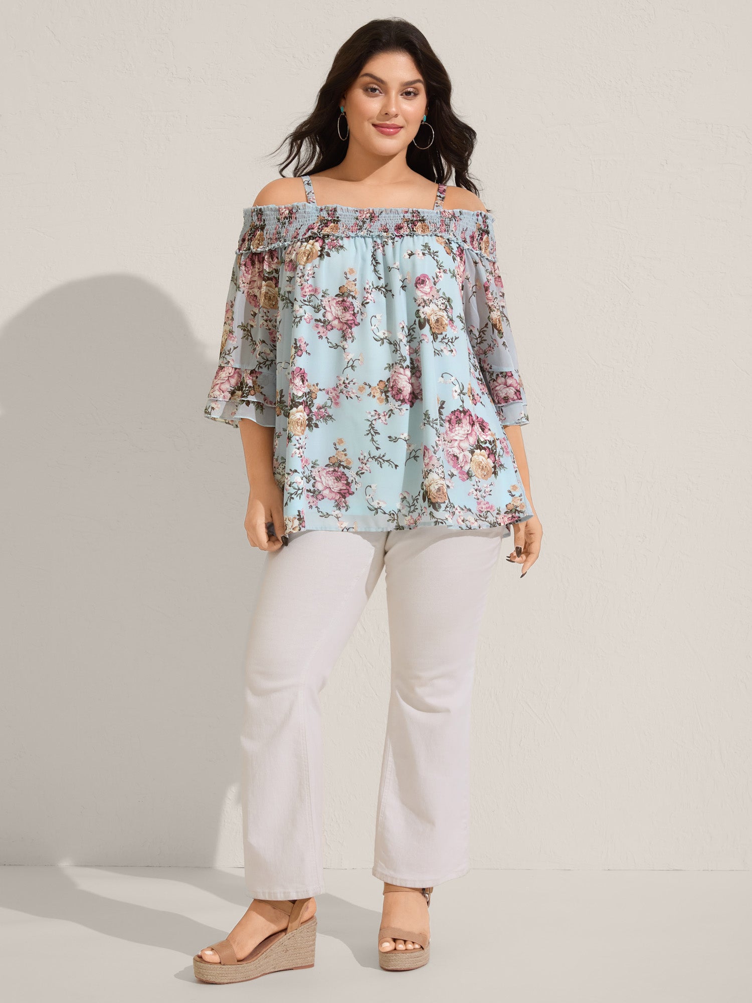 Shirred Off-Shoulder Chiffon Floral Blouse