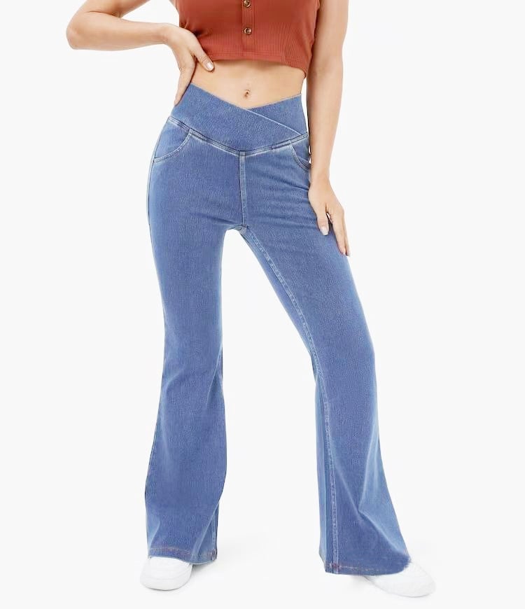 Stretchy Denim High Waisted Crossover Flare Pants