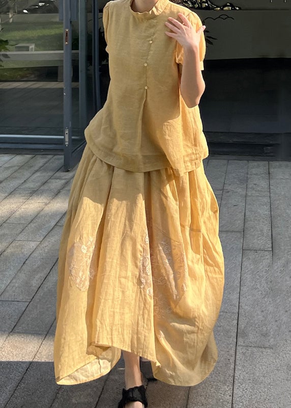 Art Yellow Lace Patchwork Tops And Skirts Two Pieces Set Summer