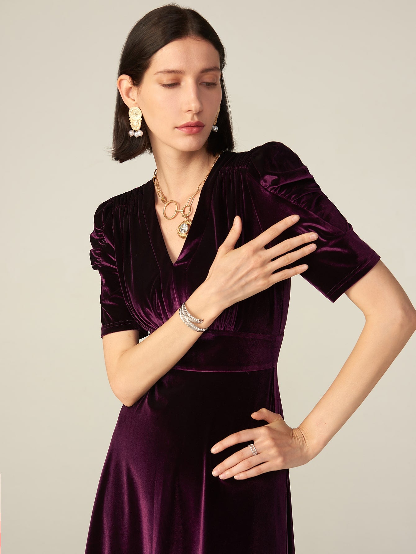 PREMIUM VELVET PUFF SLEEVE WRAP DRESS( Clearance sale