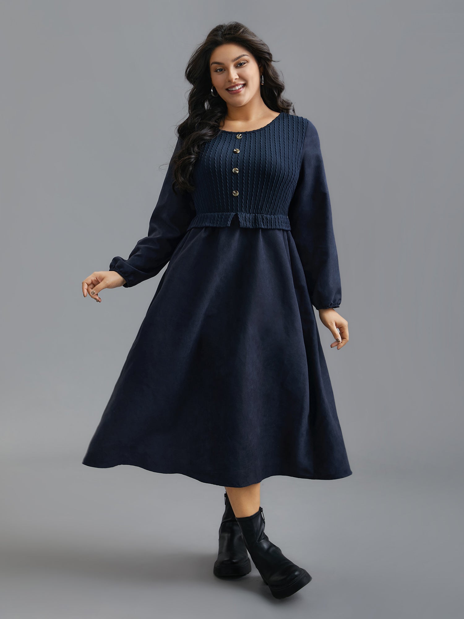 Textured Button Detail Lantern Sleeve Dress