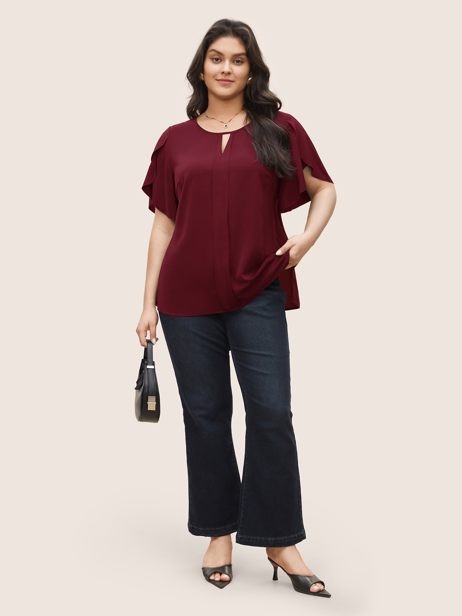 Solid Keyhole Petal Sleeve Pleated Blouse