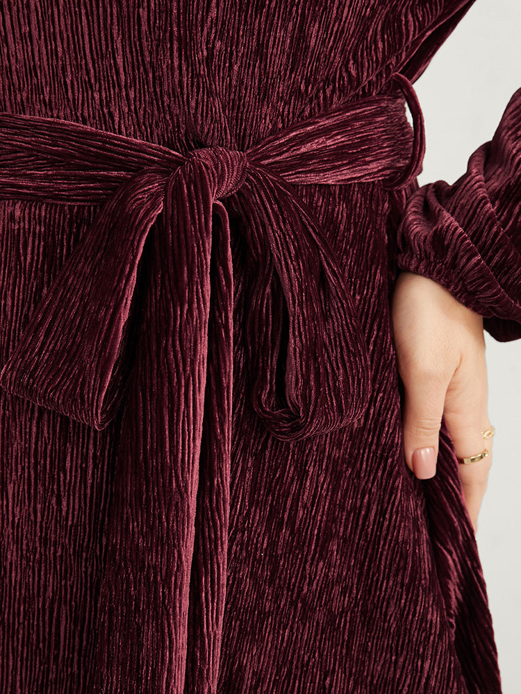 Glitter Textured Lantern Sleeve Belted Ruffle Blouse