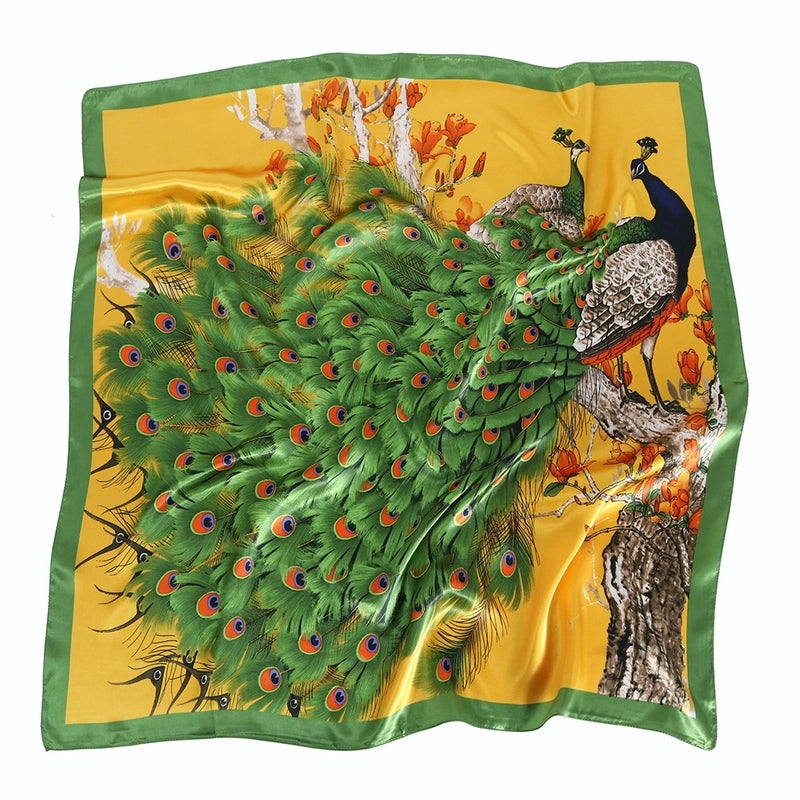 Women's Elegant Formal Peacock Flower Satin Silk Scarf